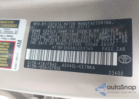 2011 Toyota Camry Le from USA, damaged, VIN 4T1BF3EK6BU203145